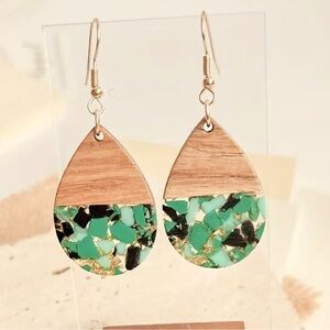 Pair of Resin Earrings Woodgrain Top Half Speckled Green Black Blue Gold Bottom